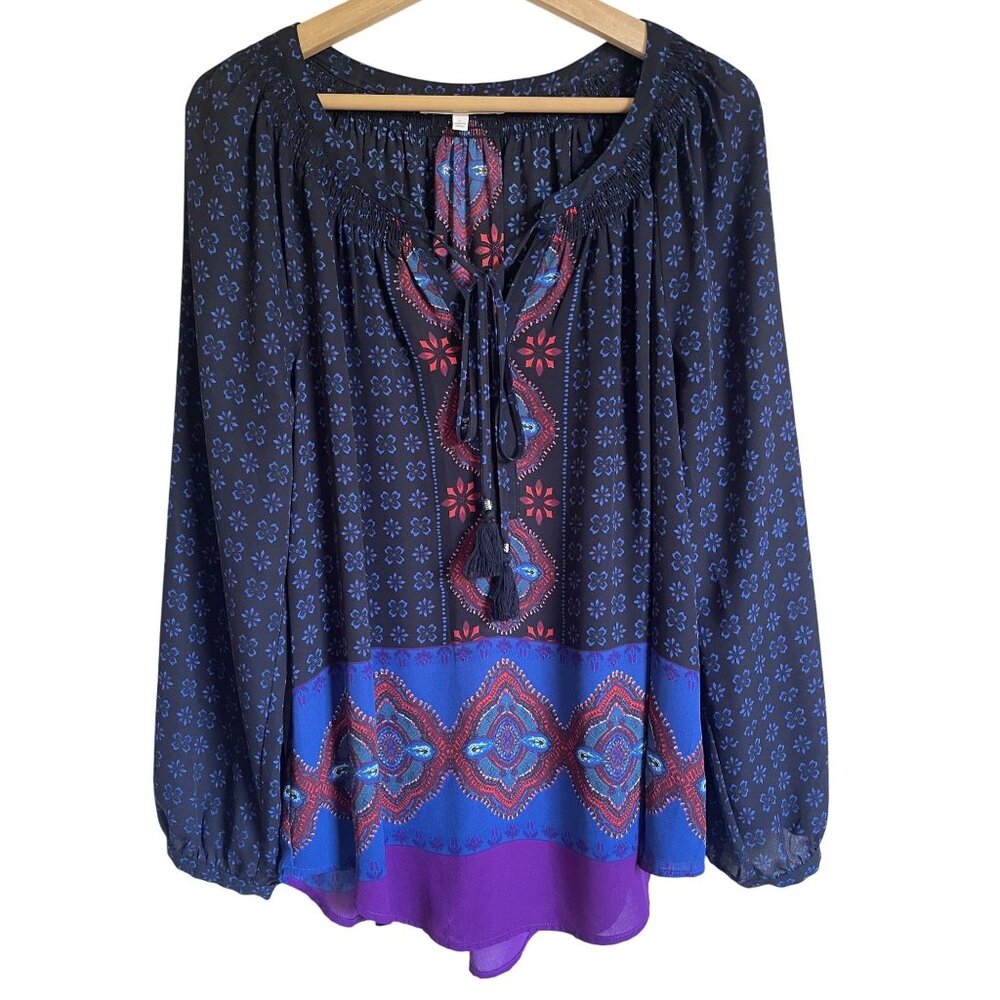 Daniel Rainn Black Blue Purple Mixed Print Popover Boho Top Colorful Size Large